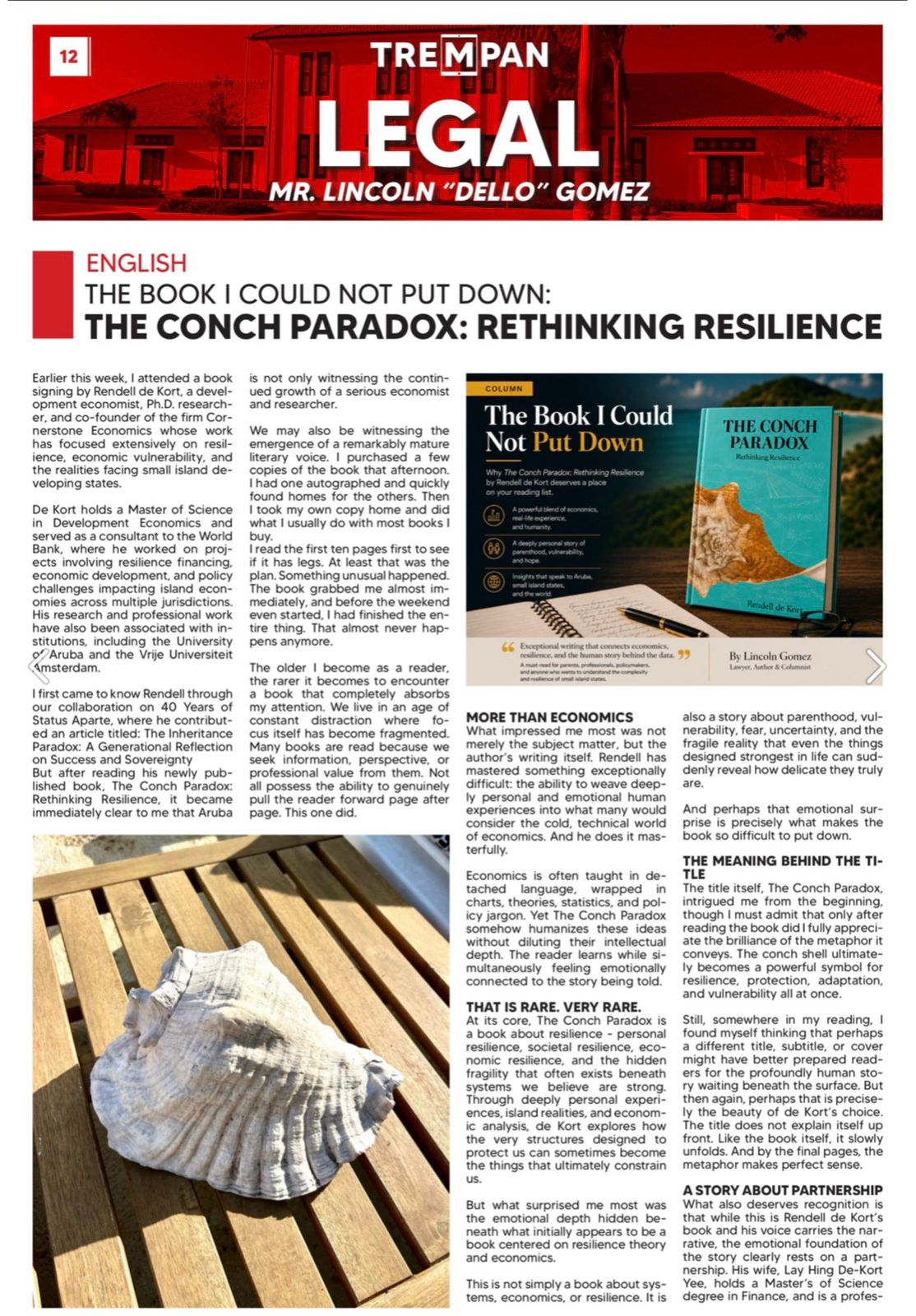 Trempan newspaper, LEGAL column, page 12, with Lincoln Gomez review of The Conch Paradox